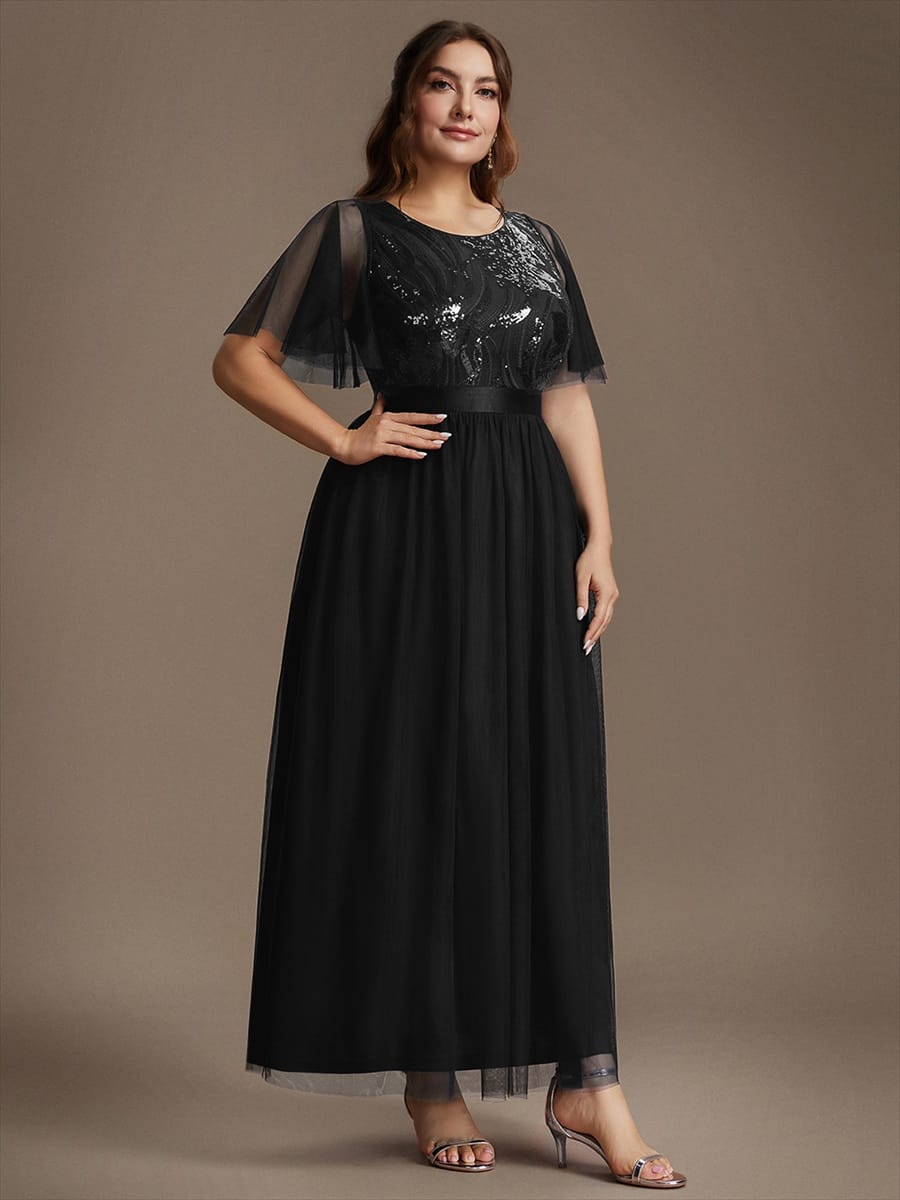 Sequin Ruffle Sleeve A Line Maxi Evening Dress