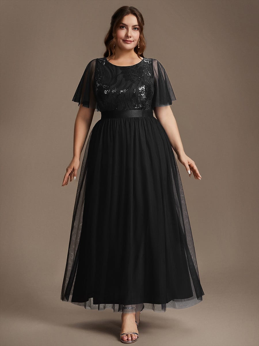 Sequin Ruffle Sleeve A Line Maxi Evening Dress