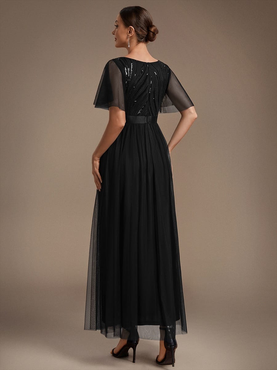 Sequin Ruffle Sleeve A Line Maxi Evening Dress
