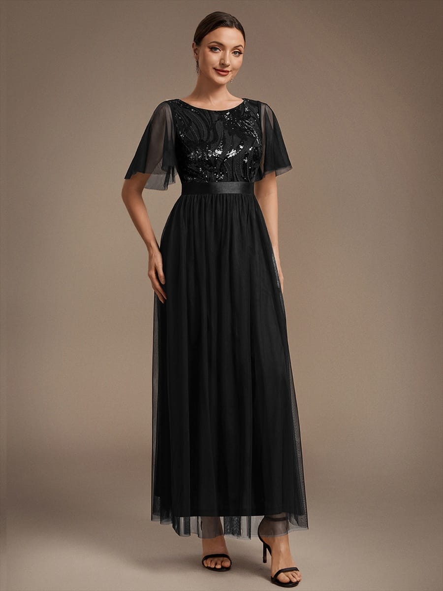 Sequin Ruffle Sleeve A Line Maxi Evening Dress