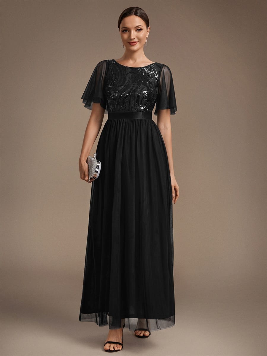 Sequin Ruffle Sleeve A Line Maxi Evening Dress
