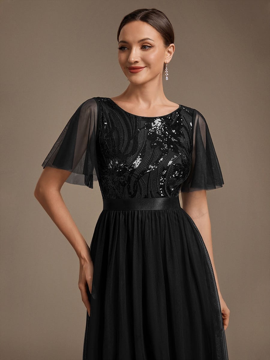 Sequin Ruffle Sleeve A Line Maxi Evening Dress