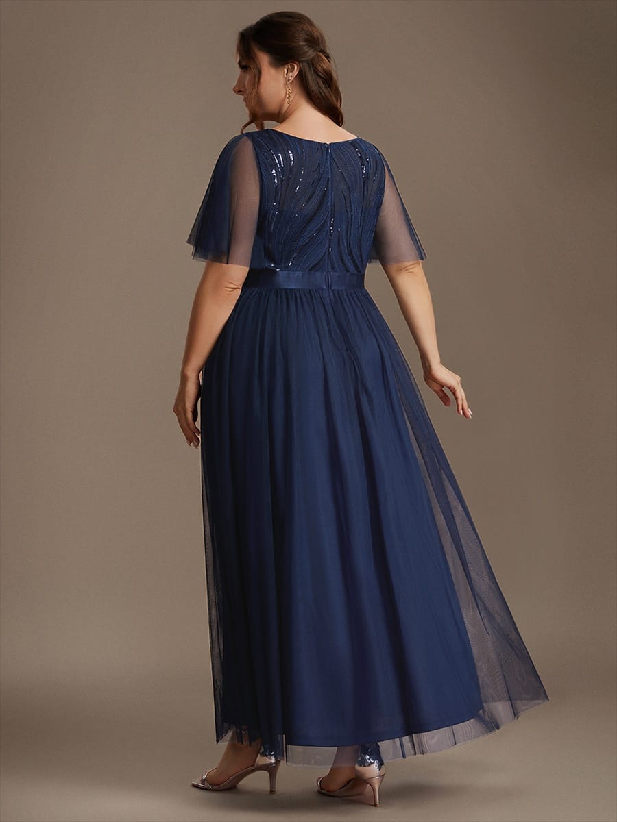 Sequin Ruffle Sleeve A Line Maxi Evening Dress
