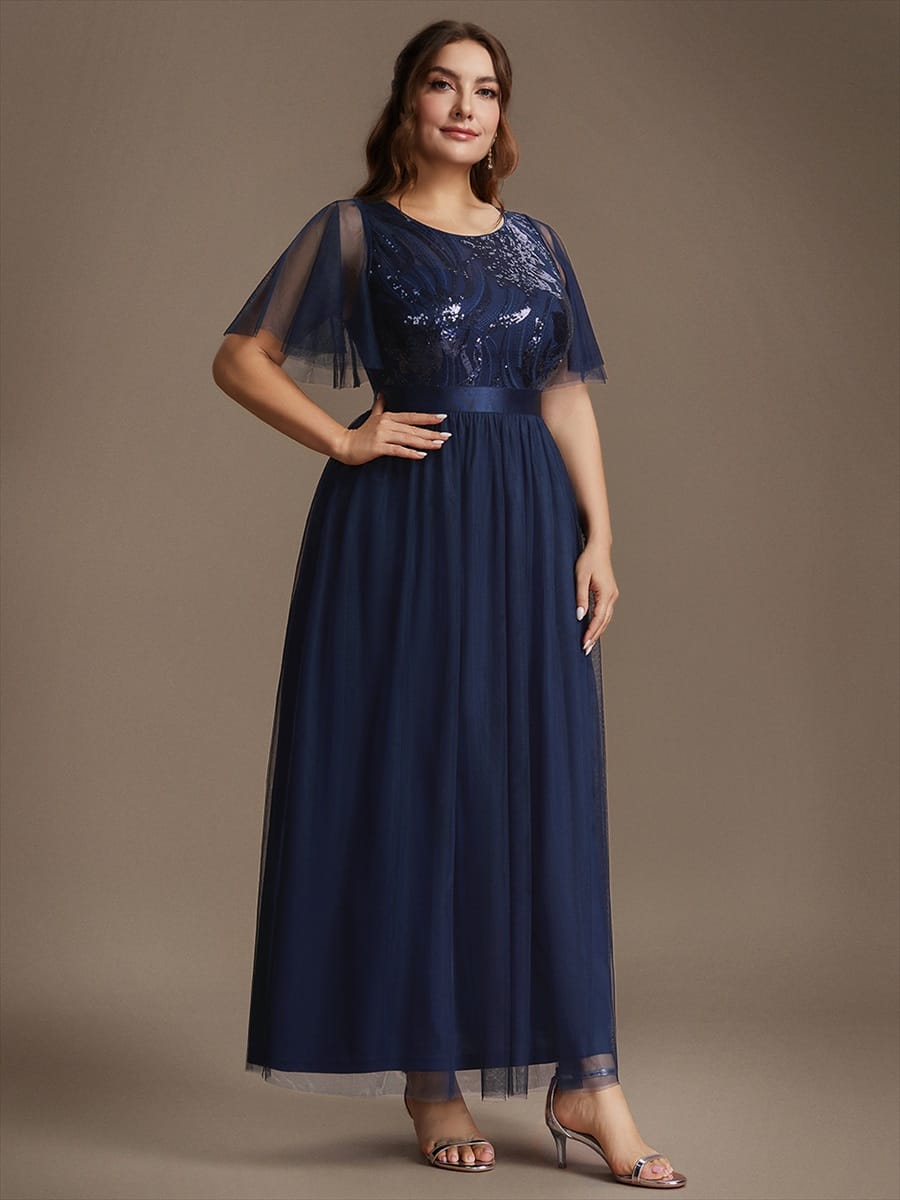 Sequin Ruffle Sleeve A Line Maxi Evening Dress