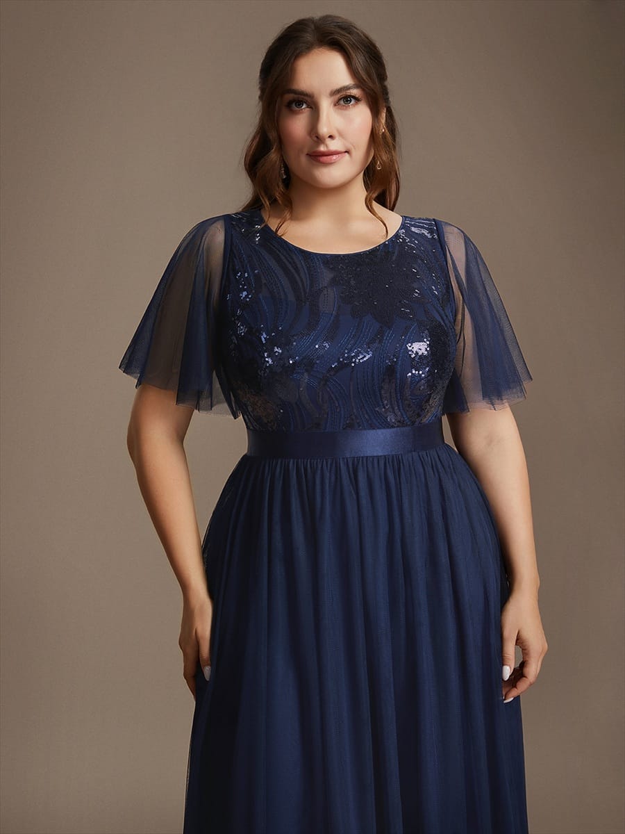 Sequin Ruffle Sleeve A Line Maxi Evening Dress