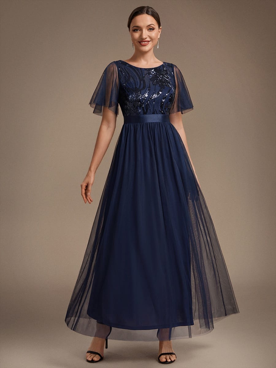 Sequin Ruffle Sleeve A Line Maxi Evening Dress
