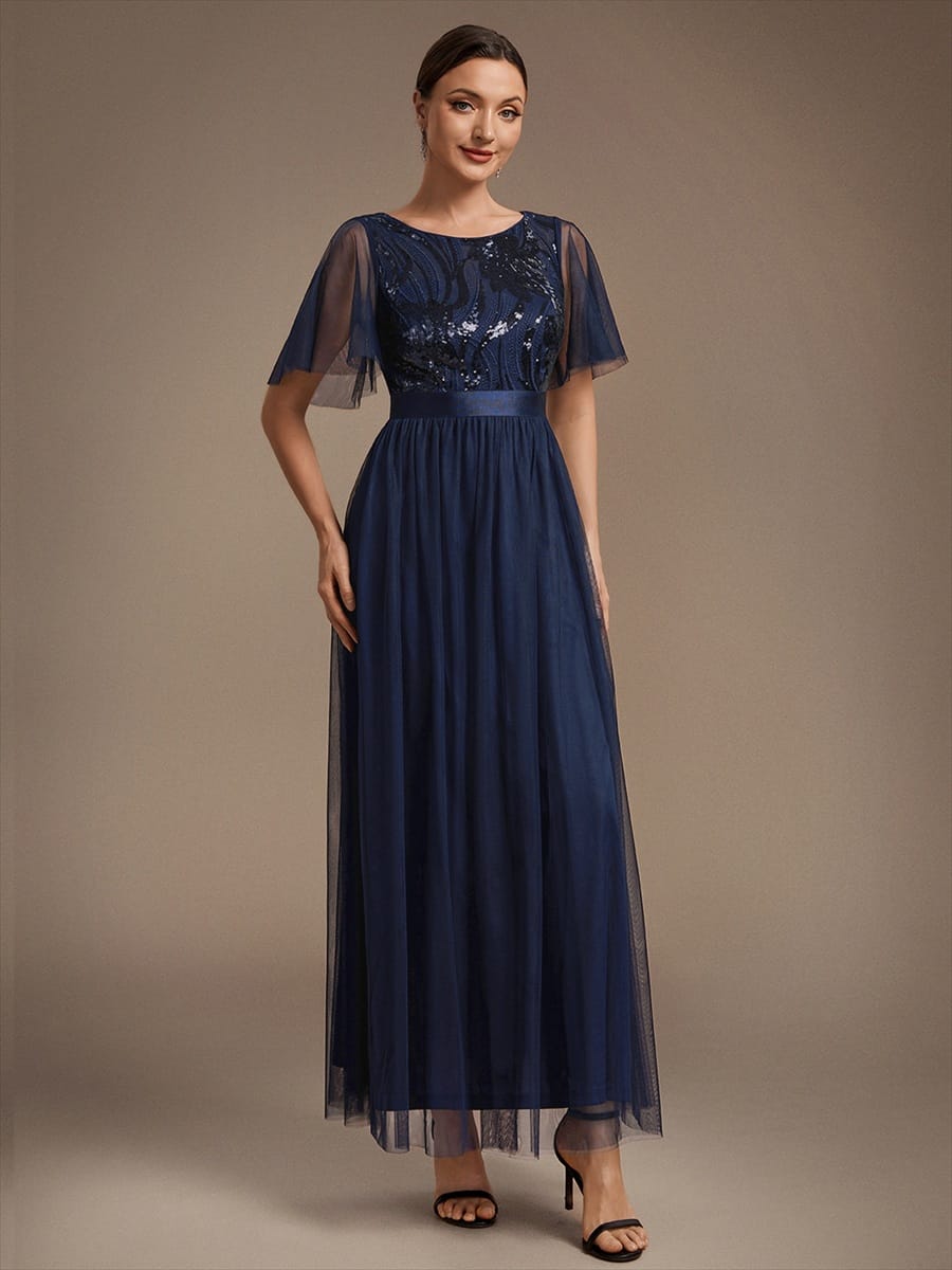 Sequin Ruffle Sleeve A Line Maxi Evening Dress