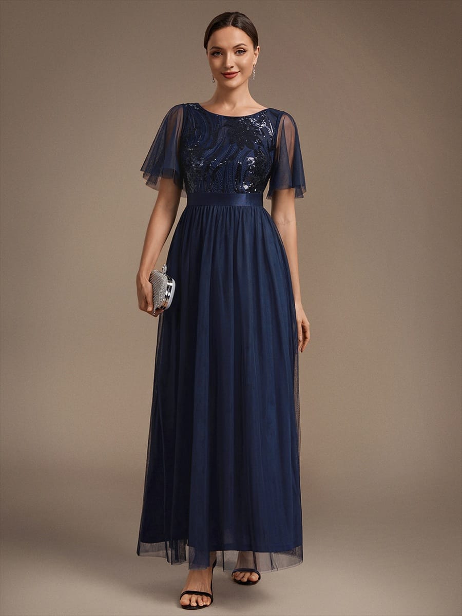 Sequin Ruffle Sleeve A Line Maxi Evening Dress