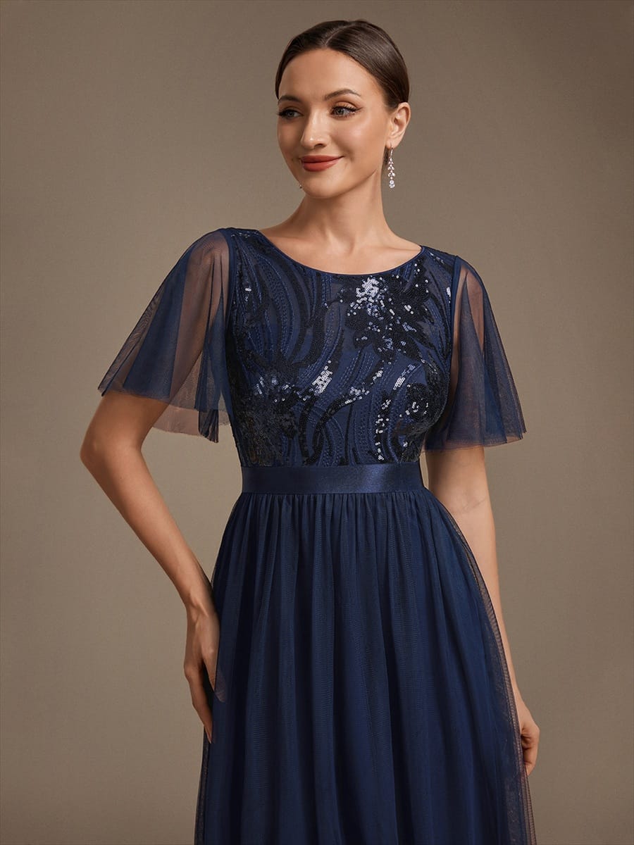 Sequin Ruffle Sleeve A Line Maxi Evening Dress