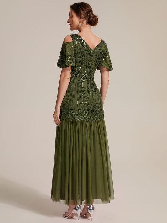 Sequin V Neck Cold Shoulder Maxi Evening Dress