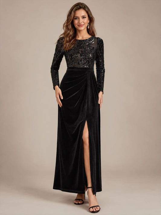 Sequin Velvet Evening Dress with Long Sleeves