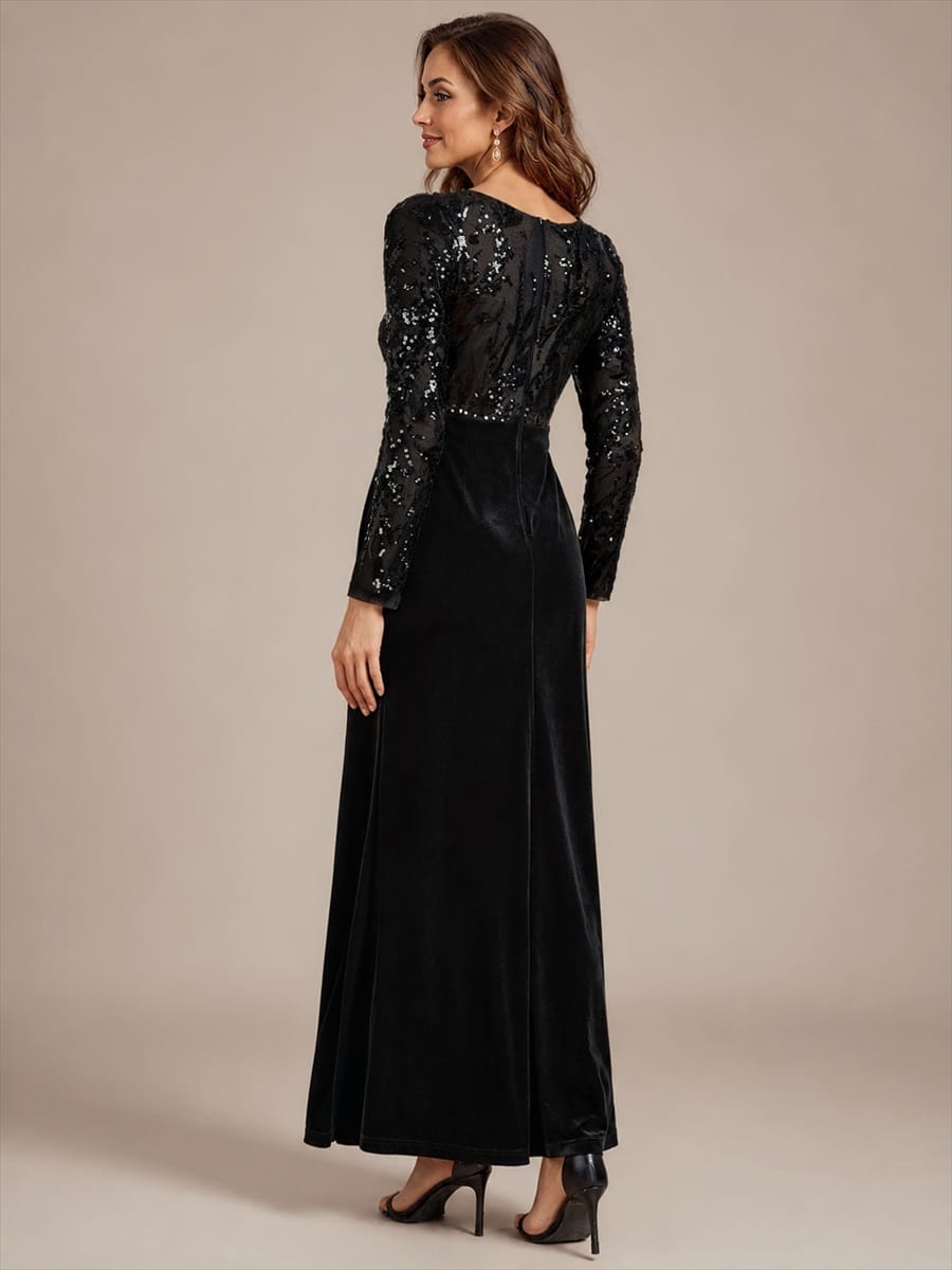 Sequin Velvet Evening Dress with Long Sleeves