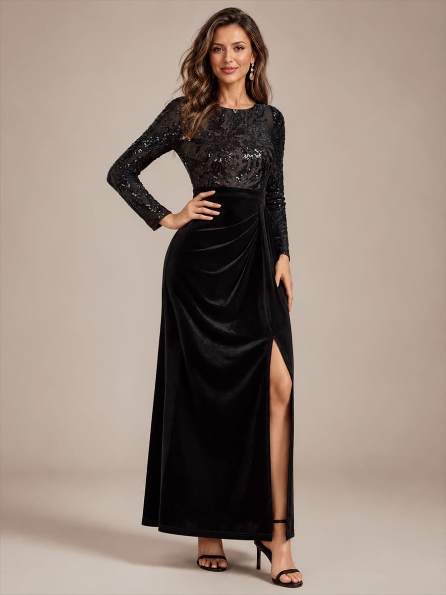 Sequin Velvet Evening Dress with Long Sleeves