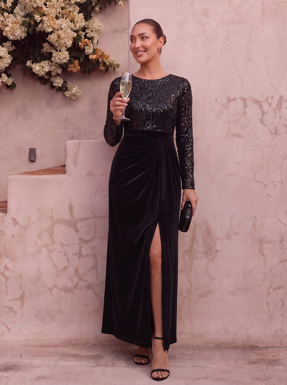 Sequin Velvet Evening Dress with Long Sleeves