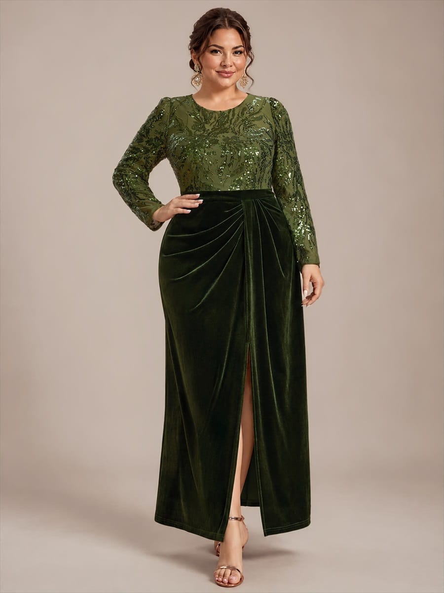 Sequin Velvet Evening Dress with Long Sleeves