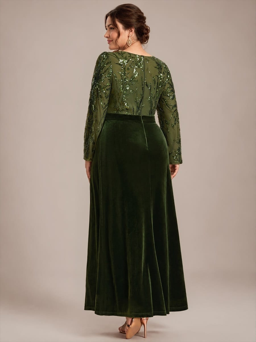 Sequin Velvet Evening Dress with Long Sleeves