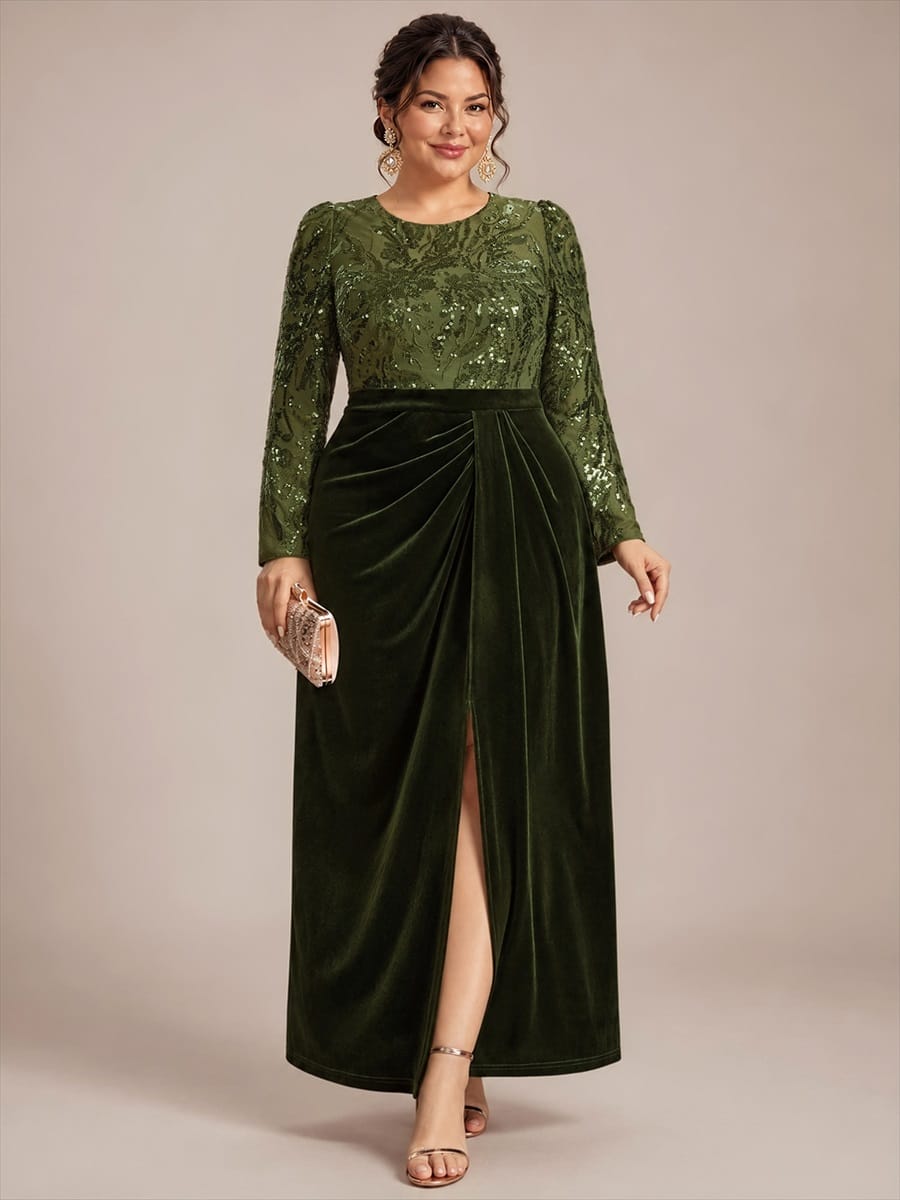 Sequin Velvet Evening Dress with Long Sleeves