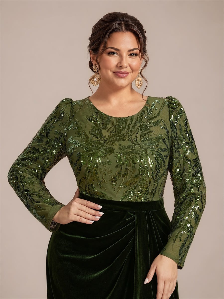 Sequin Velvet Evening Dress with Long Sleeves