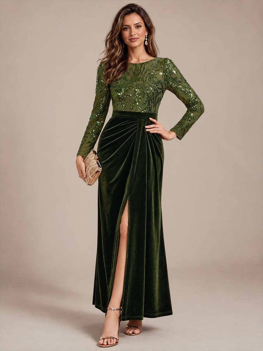 Sequin Velvet Evening Dress with Long Sleeves