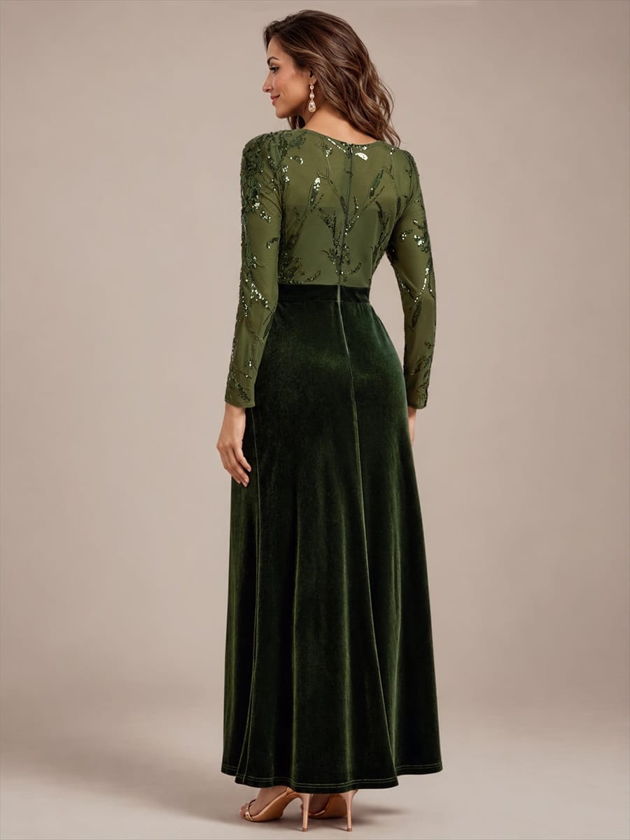Sequin Velvet Evening Dress with Long Sleeves