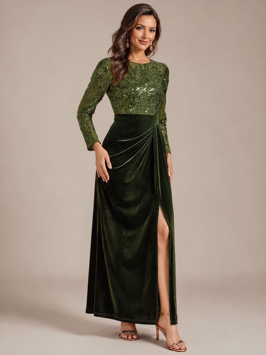 Sequin Velvet Evening Dress with Long Sleeves