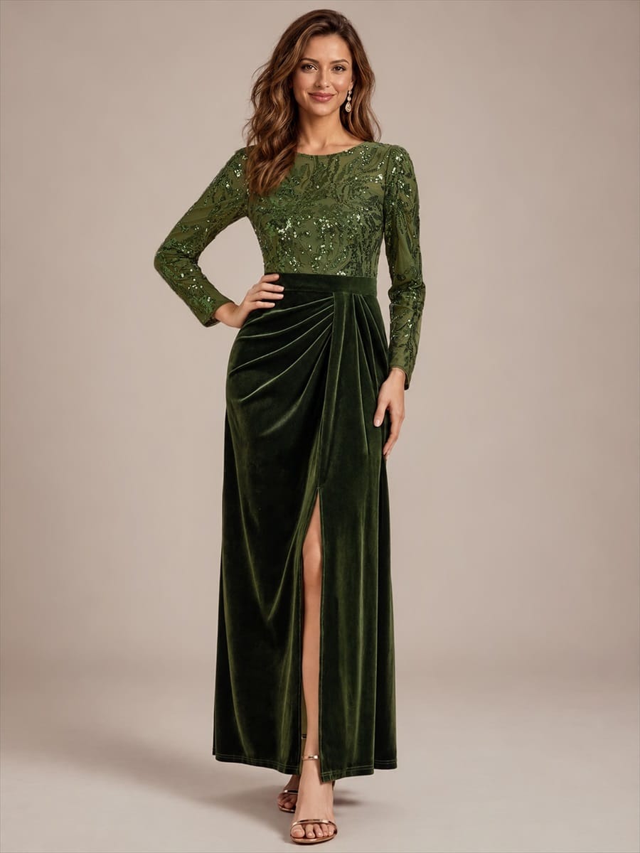 Sequin Velvet Evening Dress with Long Sleeves