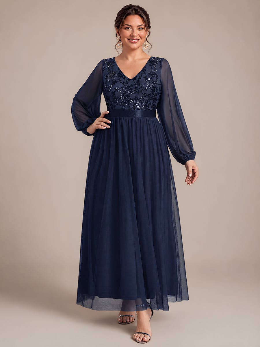 Sequin Tulle Puff Sleeve Maxi Evening Dress