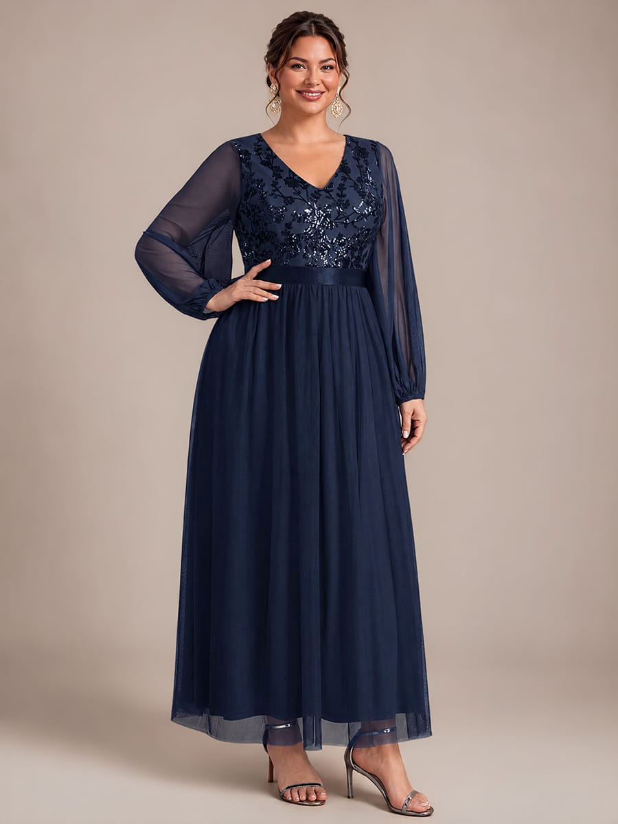 Sequin Tulle Puff Sleeve Maxi Evening Dress