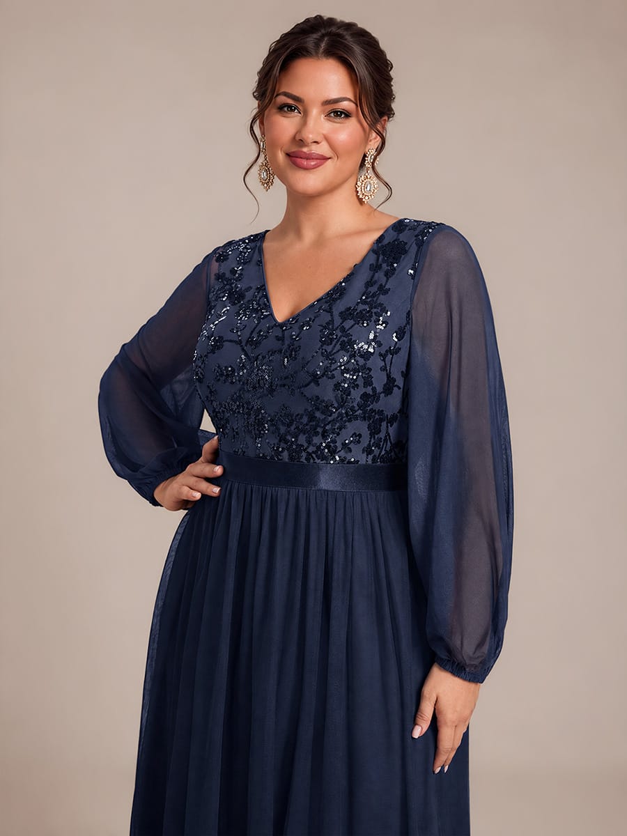 Sequin Tulle Puff Sleeve Maxi Evening Dress