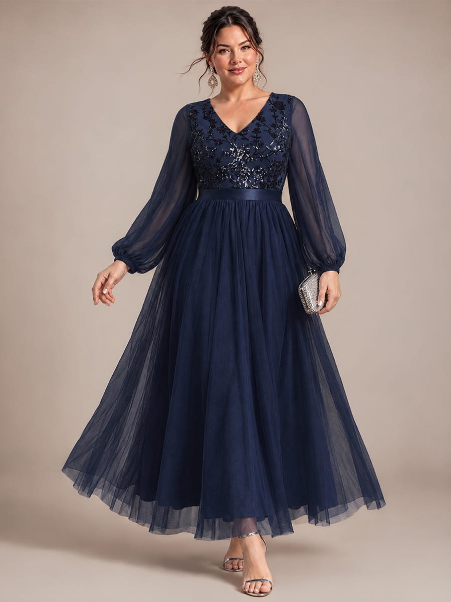 Sequin Tulle Puff Sleeve Maxi Evening Dress