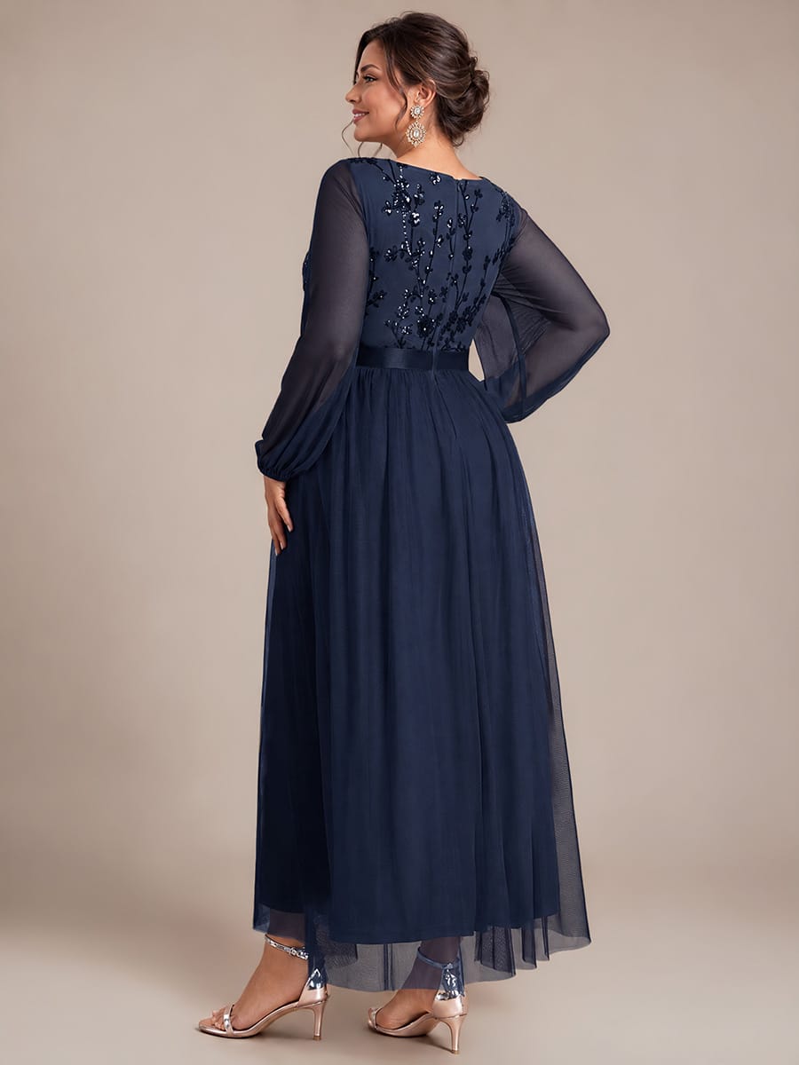 Sequin Tulle Puff Sleeve Maxi Evening Dress