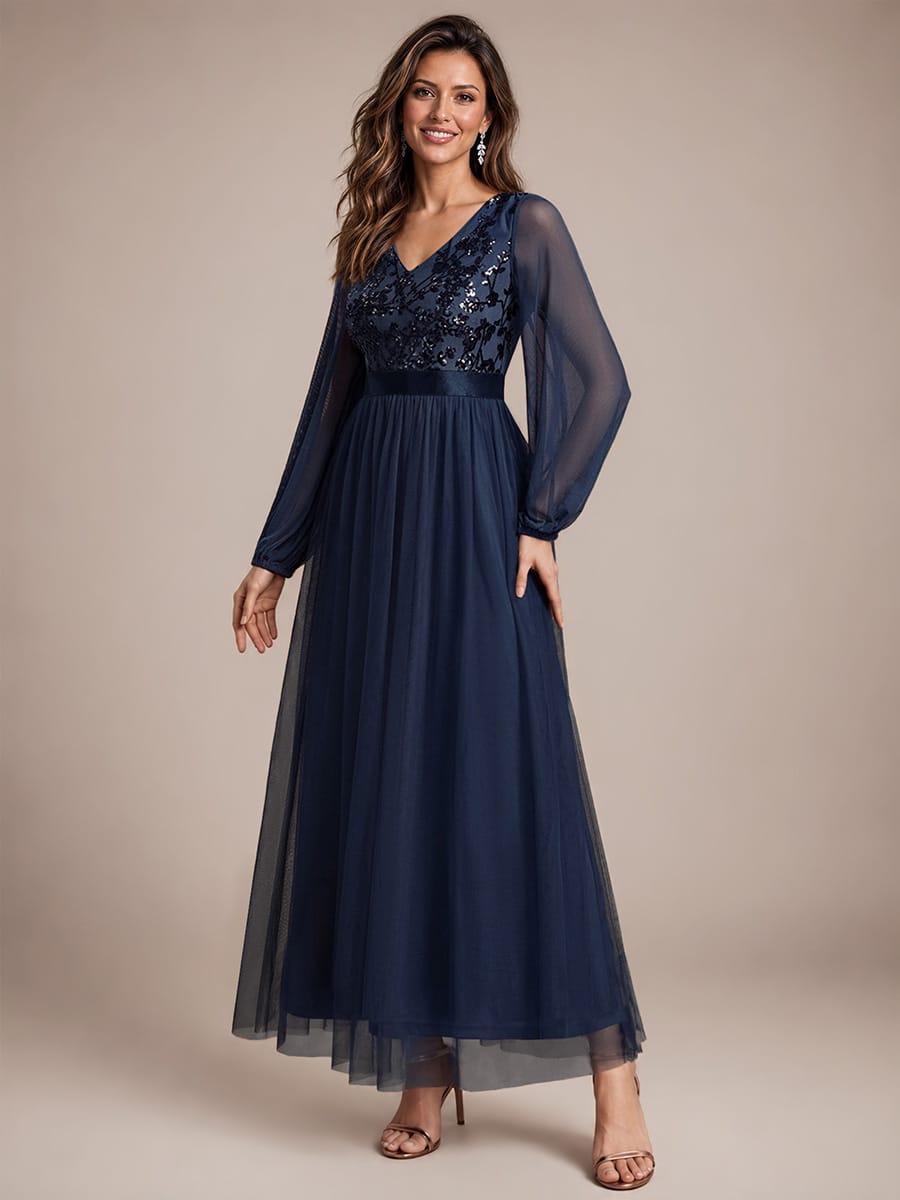 Sequin Tulle Puff Sleeve Maxi Evening Dress
