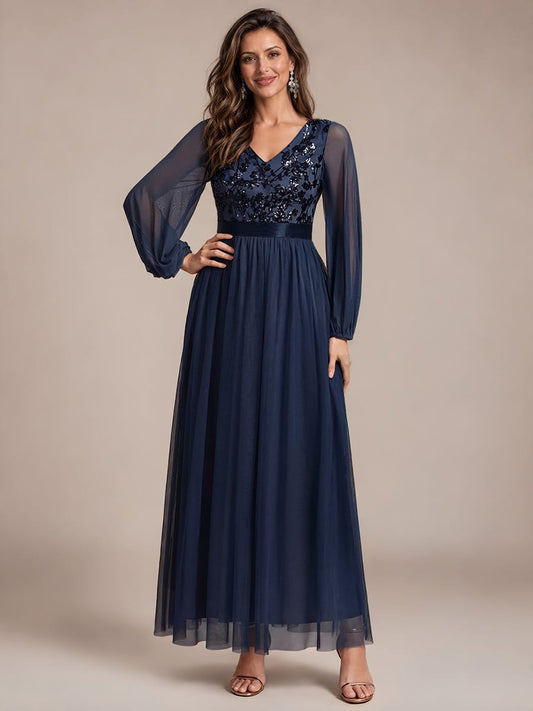 Sequin Tulle Puff Sleeve Maxi Evening Dress