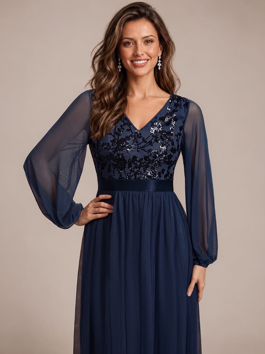 Sequin Tulle Puff Sleeve Maxi Evening Dress
