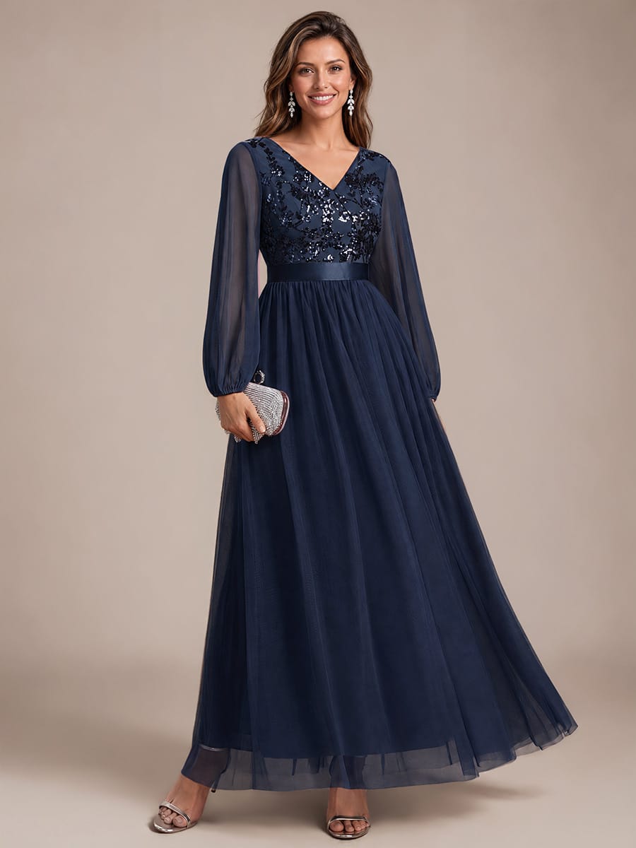 Sequin Tulle Puff Sleeve Maxi Evening Dress