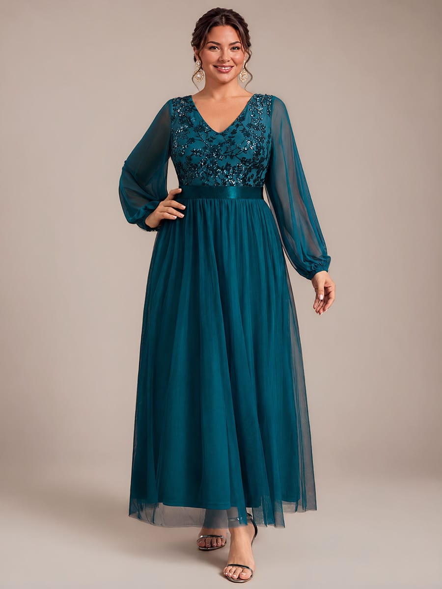 Sequin Tulle Puff Sleeve Maxi Evening Dress