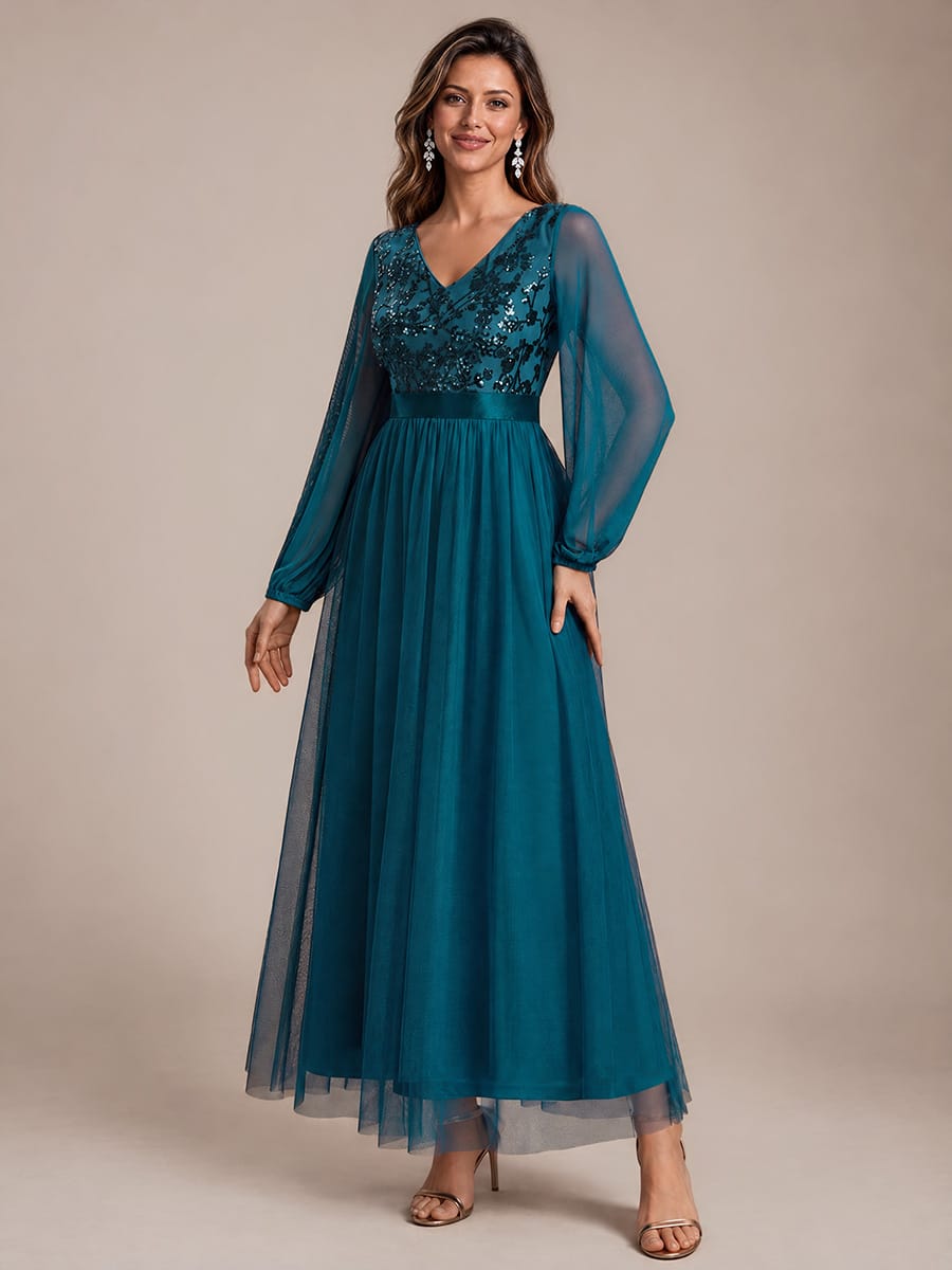 Sequin Tulle Puff Sleeve Maxi Evening Dress
