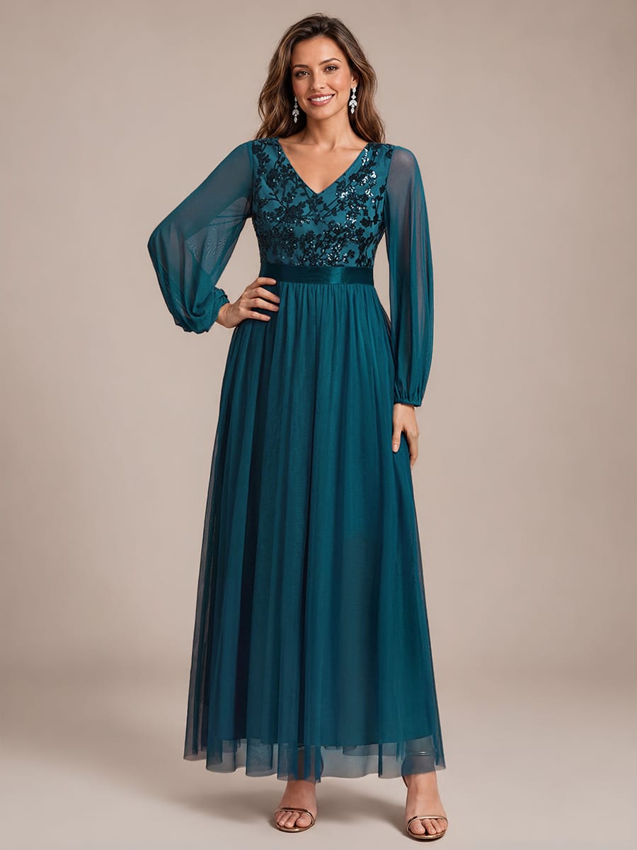 Sequin Tulle Puff Sleeve Maxi Evening Dress