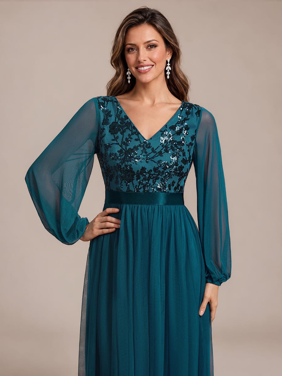 Sequin Tulle Puff Sleeve Maxi Evening Dress