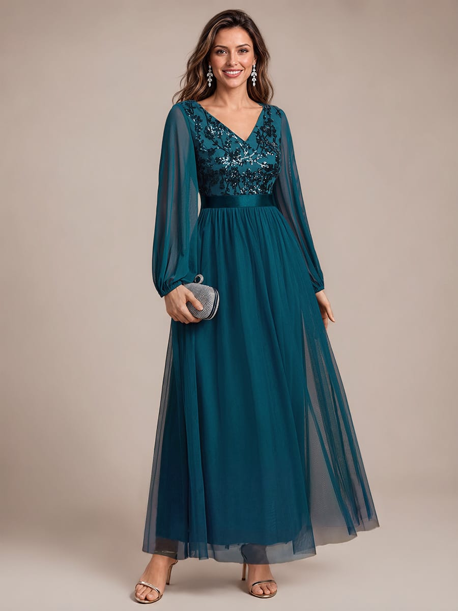 Sequin Tulle Puff Sleeve Maxi Evening Dress