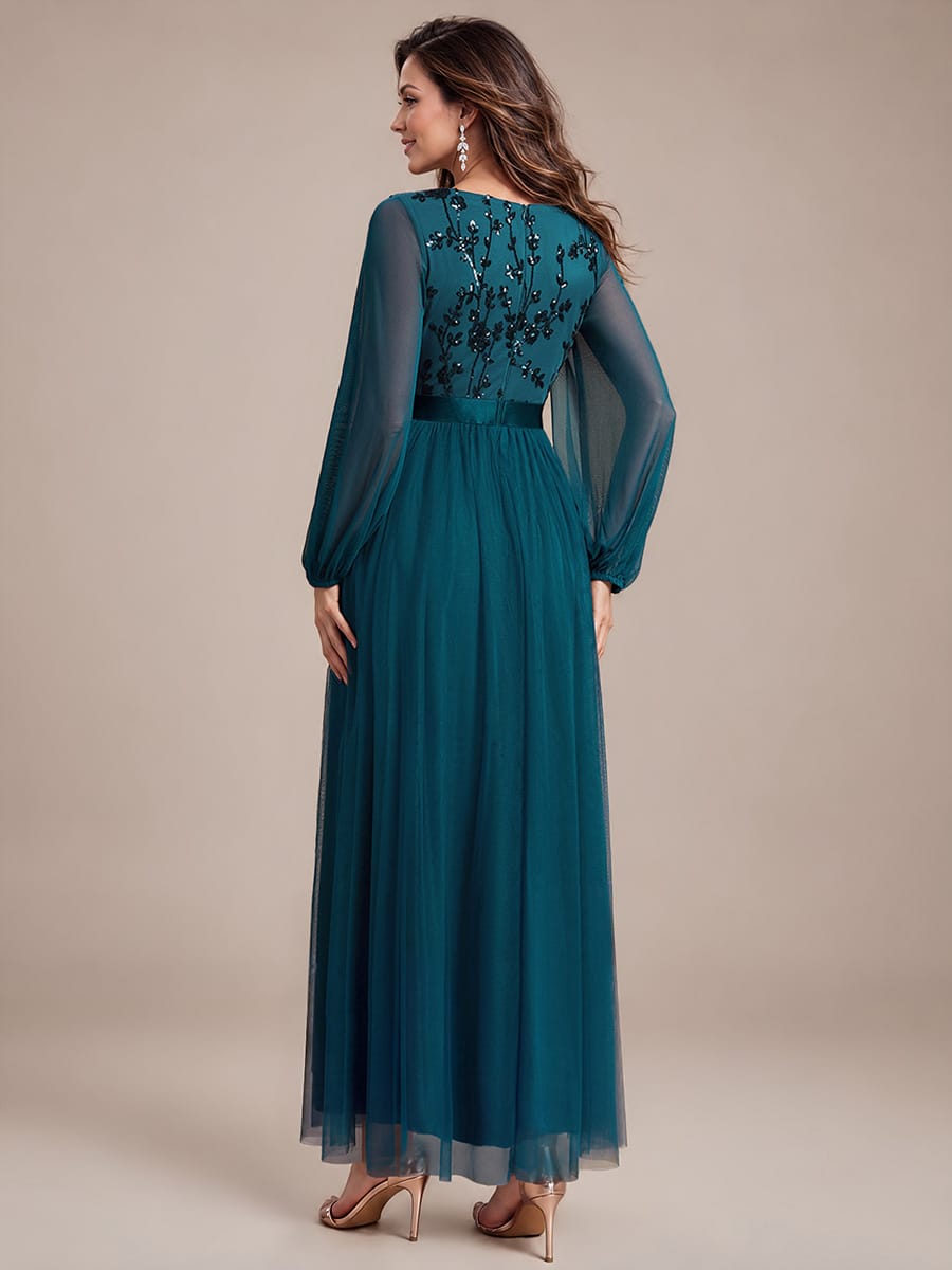 Sequin Tulle Puff Sleeve Maxi Evening Dress