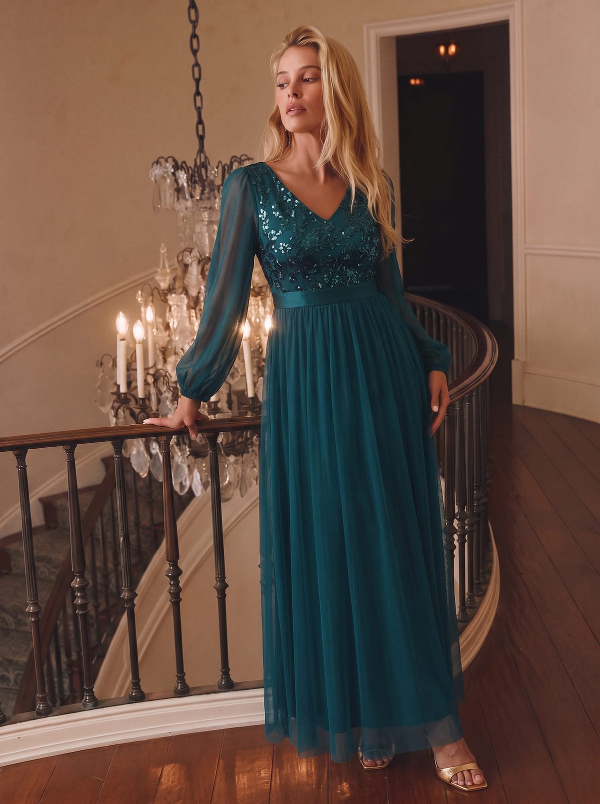 Sequin Tulle Puff Sleeve Maxi Evening Dress