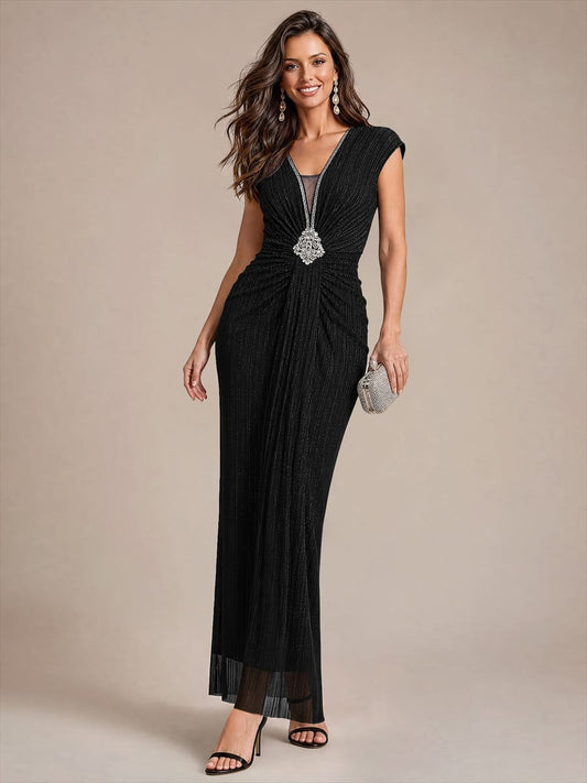 Bodycon Tulle V-Neck Maxi Evening Dress