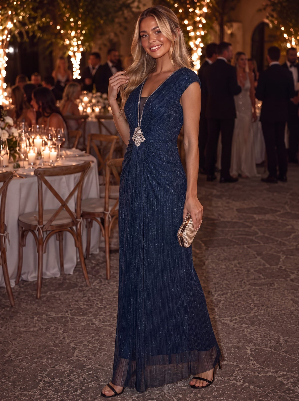 Bodycon Tulle V-Neck Maxi Evening Dress
