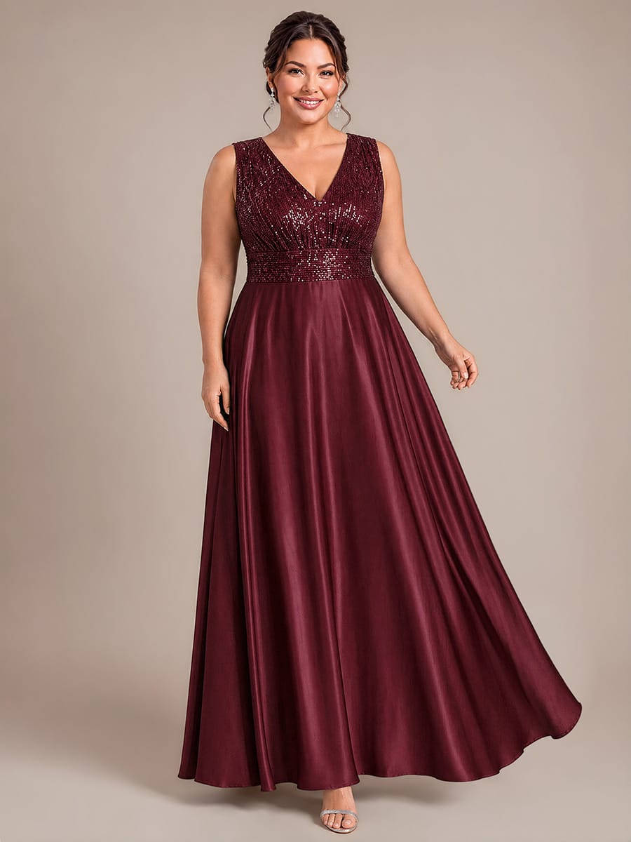 Sequin & Satin V Neck Maxi Evening Dress