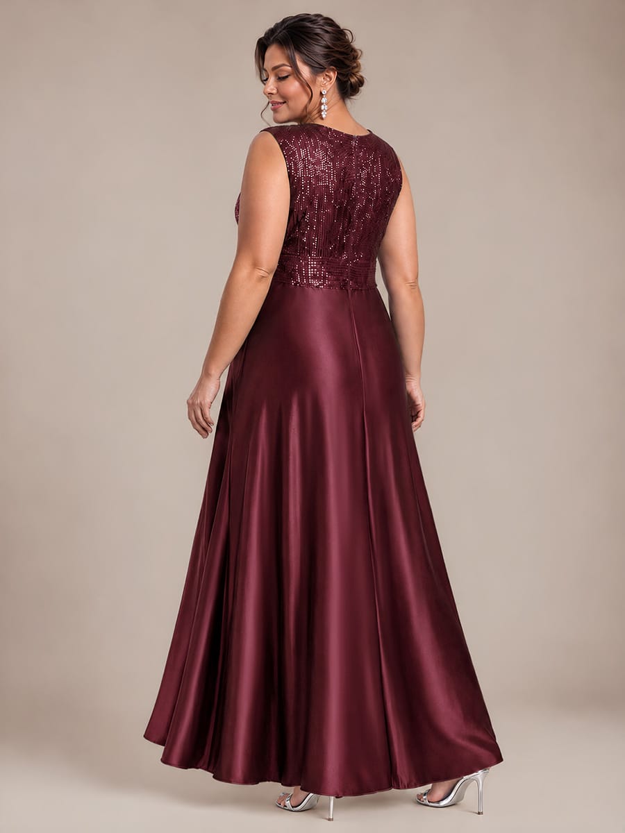 Sequin & Satin V Neck Maxi Evening Dress