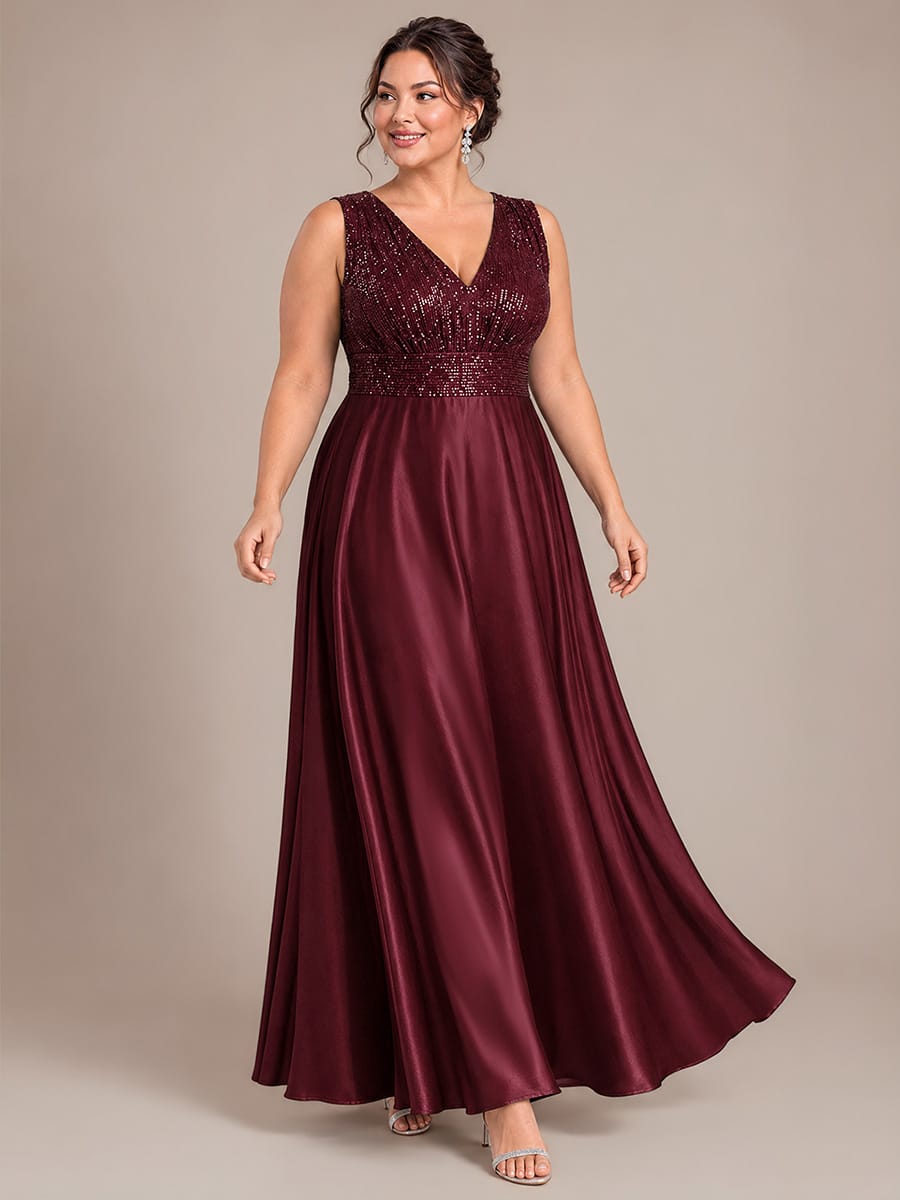 Sequin & Satin V Neck Maxi Evening Dress