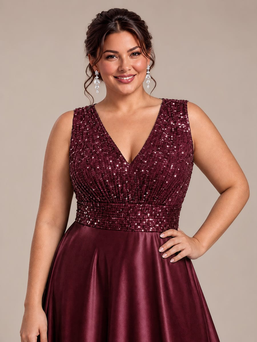 Sequin & Satin V Neck Maxi Evening Dress