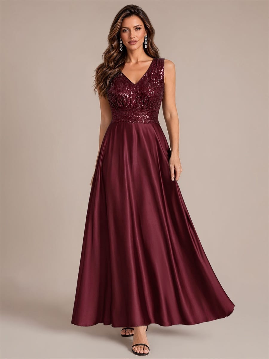 Sequin & Satin V Neck Maxi Evening Dress