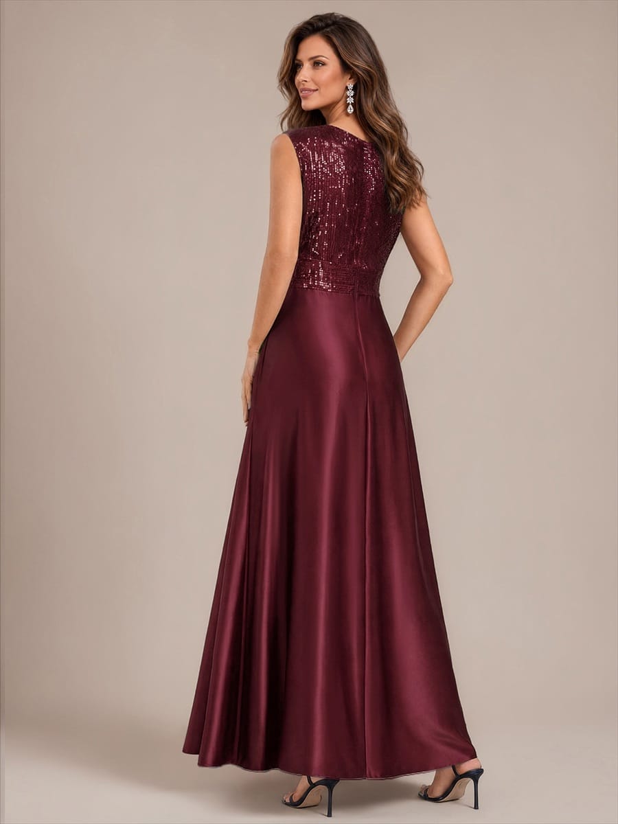 Sequin & Satin V Neck Maxi Evening Dress